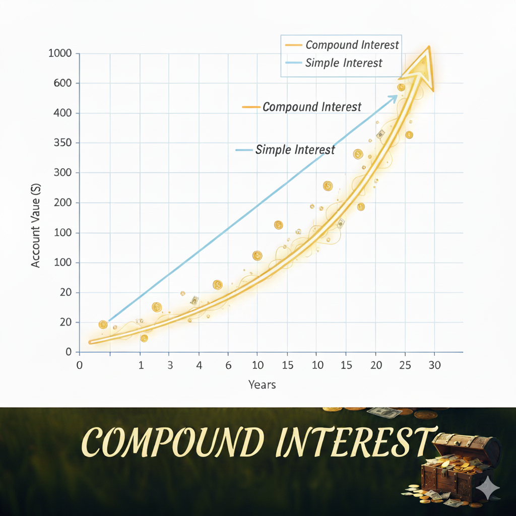 Comparison chart showing simple interest vs compound interest growth